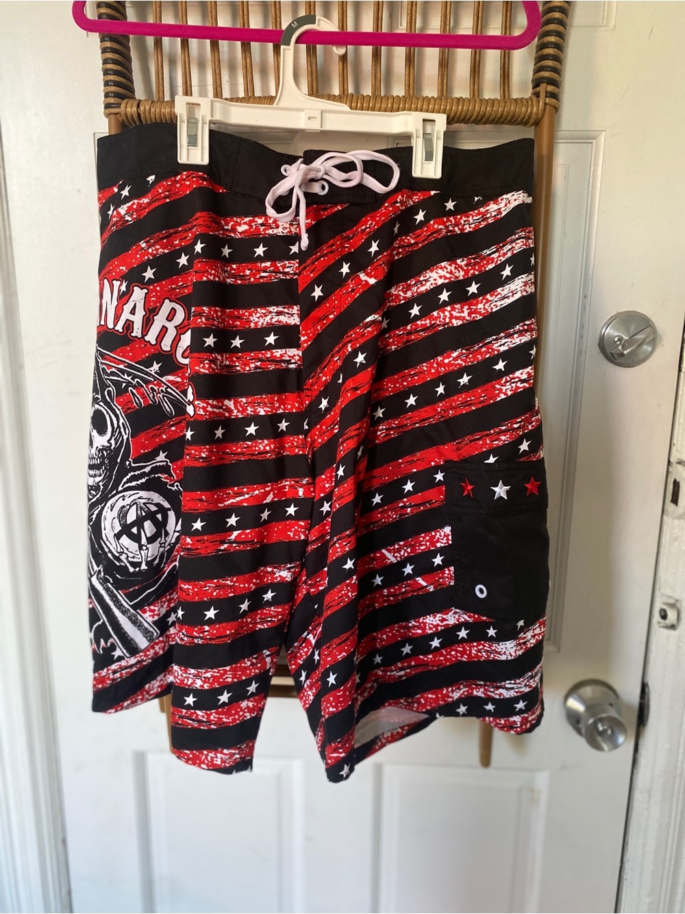 Graphic Skull American Flag Board Shorts in Black & Red
